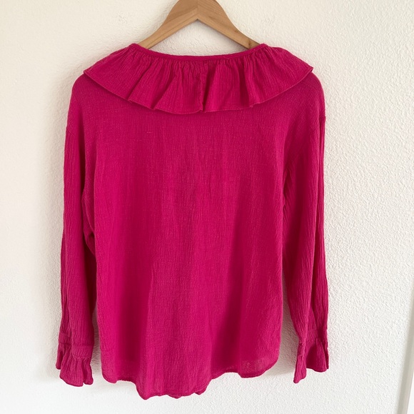 VINTAGE blouse / pink gauze cotton ruffle v neck long sleeve top / size S - Picture 6 of 6